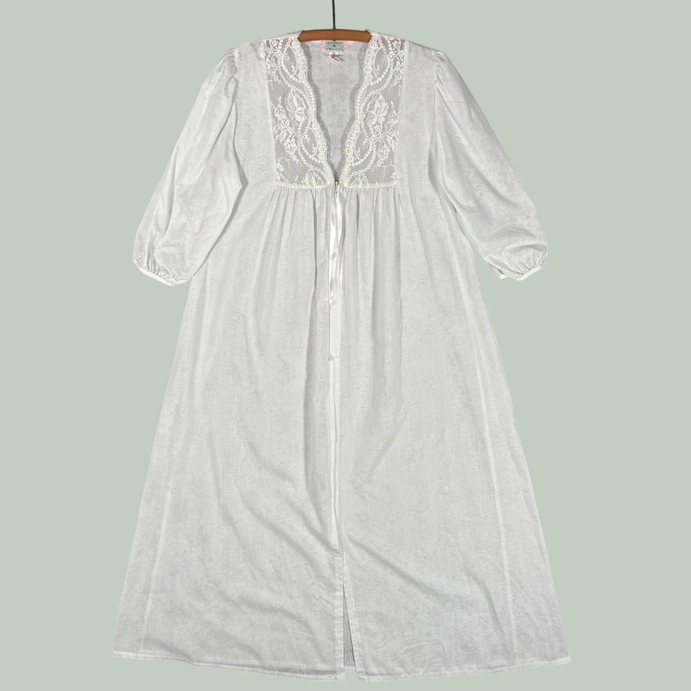 Vintage Gilligan OMalley White Lace Floral Jacquard Zip Front Maxi Nightgown M